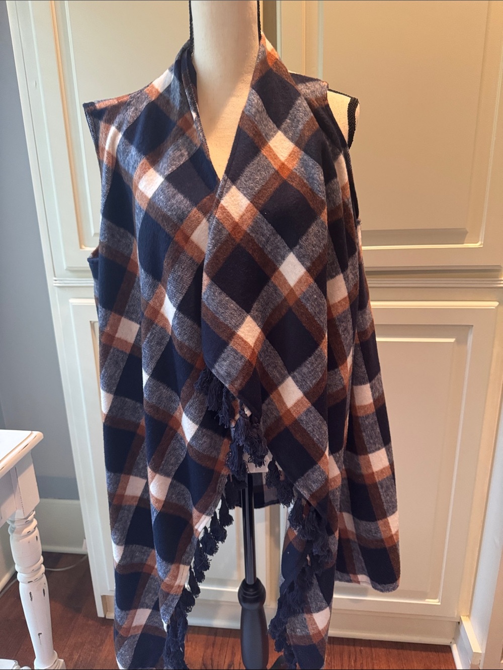 Plaid Fringe Open Front Vest - Navy, Brown, Cream